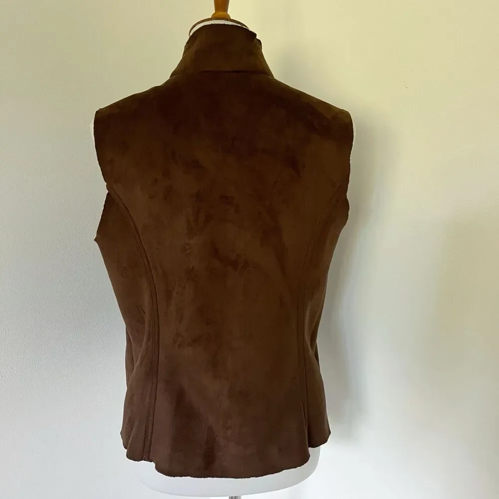 Sherpa Lined Lands End Zip Up Faux Suede Warm Vest Size M/P Medium Petite Brown